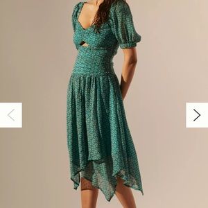 NWT Anthropologie Green Puff-sleeved cut-out Midi dress